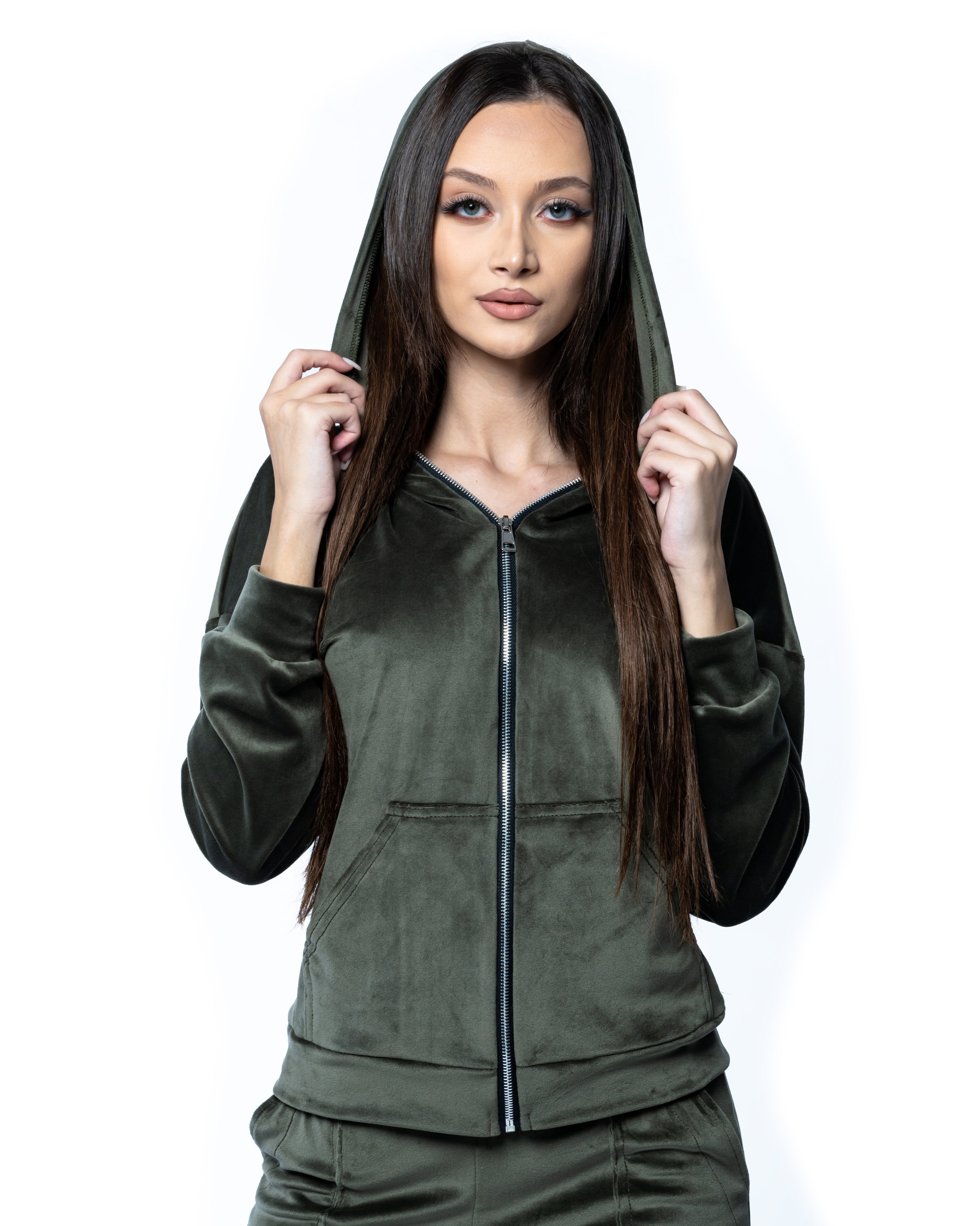 Khaki Velvet Zipper Tracksuit 